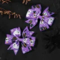 Purple Halloween ribbon bow hair clips with ghost and black cat prints for kids hair accessory - Purple Ghost Cat Style (2A-8) / Purple