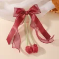 Elegant wine red tulip bow hair clip with satin ribbons for children hair styling - Tulip Bow Ribbon Style (5533) / Red