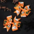 Set of two orange Halloween grosgrain ribbon bow hair clips with ghost patterns - Orange Ghost Cat Style (2A-10) / Orange