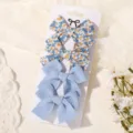 Juego de cuatro pinzas para el cabello con lazo de tela azul y floral para niñas - Juego de 4 / Azul Floral y Sólido