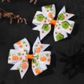 Two-piece Halloween hair bow clips with pumpkin and birdhouse prints on grosgrain - Orange Pumpkin Birdhouse Style (2A-12) / 2 Pcs/Set / Orange