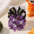 Set of two Halloween themed ribbon bow hair clips for kids in festive black and purple colors - Black Happy Halloween Ghost Style (2B) / 2 Pcs/Set / Black