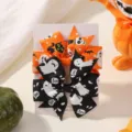 Halloween themed orange and black ghost pattern grosgrain ribbon hair bows set for kids - Orange and Black Cat Ghost Style (2C) / 2 Pcs/Set / Orange Black