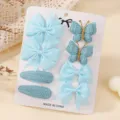Handmade 8-piece set of light blue ribbon bows and knit butterfly hair clips for girls - Light Blue