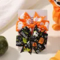 Halloween grosgrain ribbon hair bow clips with ghost and pumpkin patterns, set of 2 - Orange and Black Ghost Style (2E) / 2 Pcs/Set / Orange Black
