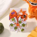 Halloween ribbon bow hair clips set featuring pumpkin and ghost prints for kids - Orange White Ghost Pumpkin Style (2F) / 2 Pcs/Set / Orange White