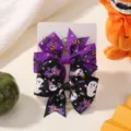 Handmade Halloween grosgrain ribbon bow hair clips set with ghost and cat patterns for kids - Purple and Black Spider Cat Style (2G) / 2 Pcs/Set / Purple Black