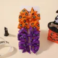 Halloween hair bow clips set in orange and purple with spider prints for girls. - Orange Purple Spider Wizard Hat Style (4C) / Set of 4 / Orange Purple