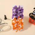 Halloween grosgrain ribbon bow hair clips set for kids with ghost and cat patterns - Purple Skull Cat and Orange Ghost Style (4F) / Set of 4 / Purple Orange