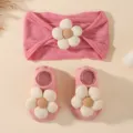 Weiches rosa Baby-Stirnband und Socken-Set mit cremefarbenen 3D-Blumen-Verzierungen - Rosa Set
