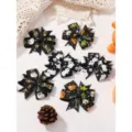 Handmade Halloween grosgrain ribbon bow hair clips set for kids with spooky ghost patterns - Black Series Ghost Pumpkin Holiday Style (6D) / 5 Pieces / Black Main Tone Mixed