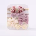 Set van 5 schattige babyhaarbanden met bloemen en geribbelde strikken in roze en crème - Stijl 5C / Set van 5 stuks