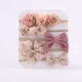 Set van vijf babyhaarbanden met stoffen bloemen en geribbelde strikken in roze en beige - Stijl 5E / Set van 5 stuks