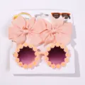 Cute pink grosgrain bow hair clip and daisy flower sunglasses set for kids aged 2-10. - Set / Light Pink Set (3B)