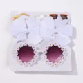 White children's sunglasses set featuring daisy frames and two matching white hair bows - Set / White Set (3D)