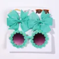 Teal children's sunglasses and matching bow hair clip set with cute flower frame detail - Set / Mint Green Set (3G)