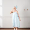Wearable coral fleece bath towel set for women, soft absorbent spa bathrobe and hair drying cap. - One Size Bubble Fleece Bath Dress / Light Blue