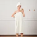 Adult coral fleece wearable bath towel wrap dress and hair dry cap set, thick, soft. - One Size / White