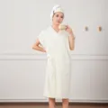 White waffle weave bathrobe and hair drying cap set for women and men, soft quick drying sleep robe. - Robes / White