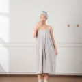 Grey wearable bath towel and hair wrap set, soft coral fleece absorbent shower dress for women. - One Size Bubble Fleece Bath Dress / Light Gray