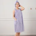 Wearable bath towel dress for women, absorbent quick dry coral fleece shower wrap with hair cap. - One Size / Purple
