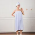Wearable bath towel dress set for women, soft coral fleece absorbent bathrobe in light blue. - One Size / Blue