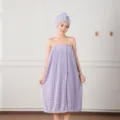 Women purple coral velvet wearable bath towel set with hair cap soft absorbent bathrobe SKU - One Size Bubble Fleece Bath Dress / Light Purple