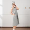 Grey coral fleece wearable bath towel dress with a matching hair drying cap for daily home use. - One Size / Light Gray
