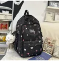 Cute printed large capacity school backpack for teenage students, stylish black daily bag. - Black + Pendant