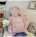 Cute pink canvas tote bag for students, large capacity shoulder bag with sweet star prints. - Pink Tutoring Bag + Pendant