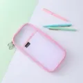 Close-up detail view of a pink mesh pencil pouch with dual zippers and cute front pocket design. - 1892 Pink