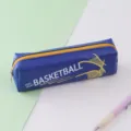 Blue PU leather pencil case detail showing basketball print and smooth yellow zipper closure. - Blue and Yellow