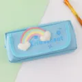 Cute rainbow canvas pencil case with large capacity, double layer student stationery pouch. - Blue