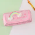 Cute pink oxford cloth pencil case with rainbow cloud decor, large double layer storage. - Pink