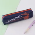 Blue PU leather pencil case detail, large capacity waterproof stationery pouch for students. - Navy and Orange