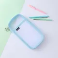 Detailed view of light blue mesh pencil case with double zipper and transparent compartment. - 1892 Blue