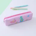 Pink PU leather pencil case for kids, cute cartoon dinosaur design with zipper closure. - Pink