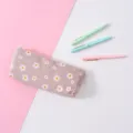 Canvas daisy print pencil case, pink rectangular stationery pouch with zipper closure. - 1813 Bean Paste