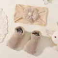 Cute beige floral baby headband and soft ribbed knit socks set for infants and newborns - Headband And Socks Set / 3 Pcs Set / Beige