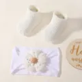 Cute white baby flower headband and ribbed socks set for newborns - Headband And Socks Set / 3 Pcs Set / White