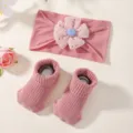 Soft pink baby floral headband with matching ribbed anti-slip socks set for infants - Headband And Socks Set / 3 Pcs Set / Pink