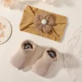 Cute baby girl yellow headband with tweed flower and beige ribbed cotton socks set - Headband And Socks Set / 3 Pcs Set / Turmeric