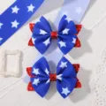 Set de barrettes nœud fête de l'indépendance avec motif étoiles rayures et paillettes - Bleu avec Étoiles Blanches Superposé (2A-5) / 2 Pièces/Ensemble