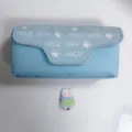 Light blue canvas pencil pouch with cute letter print and bear charm for students. - 1841 Blue
