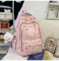 Cute pink student backpack large capacity casual bookbag with lovely cartoon prints for girls - Pink With Pendant