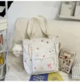 Large capacity canvas tote bag student casual shoulder bag with cute print and multi pockets. - White Tutoring Bag + Pendant