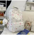 Cute aesthetic printed backpack detail, large capacity canvas school bag for teen girls. - White + Pendant