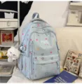 Cute printed student backpack with large capacity and fresh design for daily school use. - Blue + Pendant