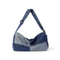 Patchwork washed denim crossbody bag with adjustable strap and large capacity design - Blue Patchwork