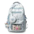 Zaino scolastico azzurro con stelle, orsetto di peluche e mini pochette accessorio. - Blu